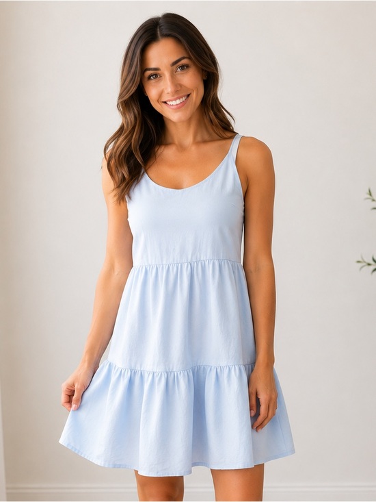 OAK + FORT Dresses & Skirts - Oak + Fort Light Blue Linen Sleeveless Tiered Mini Dress / Baby Doll Dress Small